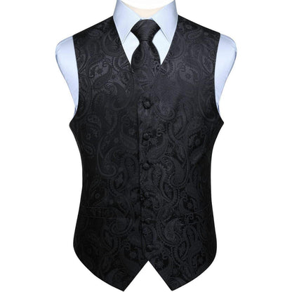 Herren Weste Krawatte Einstecktuch Set Paisley Jacquard Schwarz