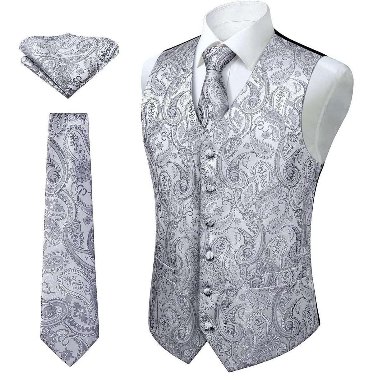 Herren Weste Krawatte Einstecktuch Set Paisley Floral Jacquard Grau 4XL