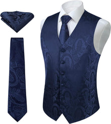 Paisley Floral Jacquard Weste Krawatte Einstecktuch Set Blau