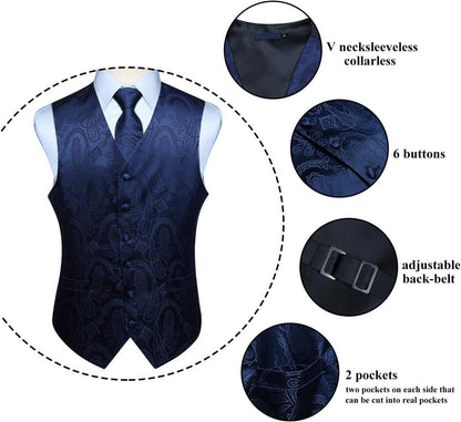Paisley Floral Jacquard Weste, Krawatte & Einstecktuch Set Blau XS