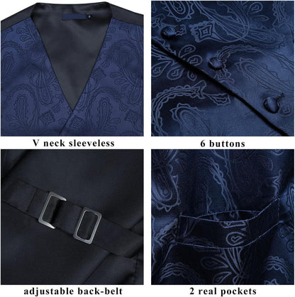 Herren Paisley Floral Jacquard Weste Krawatte Einstecktuch Set Blau XS