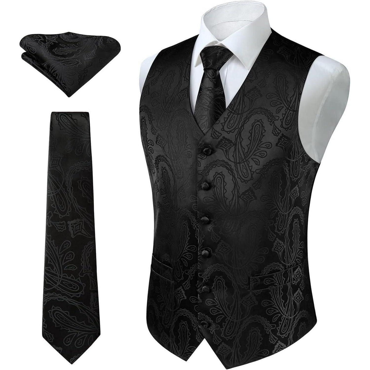 Herren Weste Krawatte Einstecktuch Set Paisley Floral Jacquard Gold