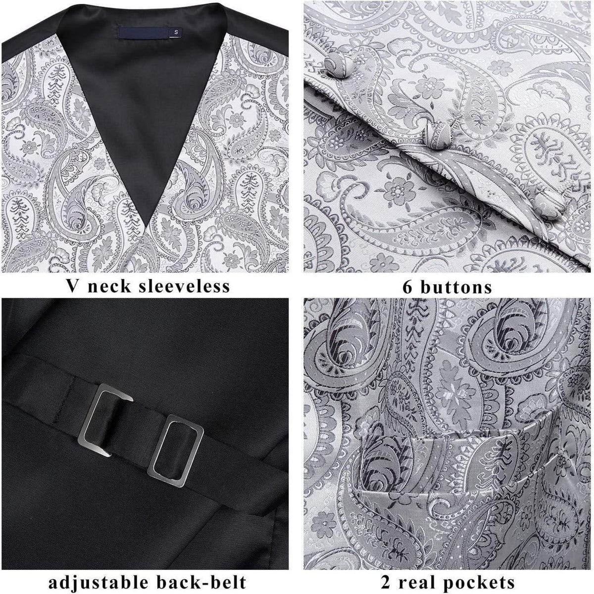Herren Weste Krawatte Einstecktuch Set Paisley Floral Jacquard Grau