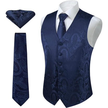 Herren Weste Krawatte Einstecktuch Set Paisley Floral Jacquard Blau
