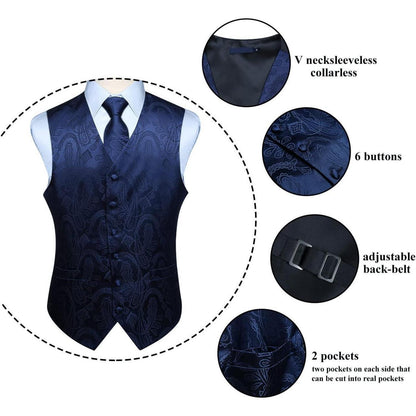 Herren Weste Krawatte Einstecktuch Set Paisley Floral Jacquard Blau