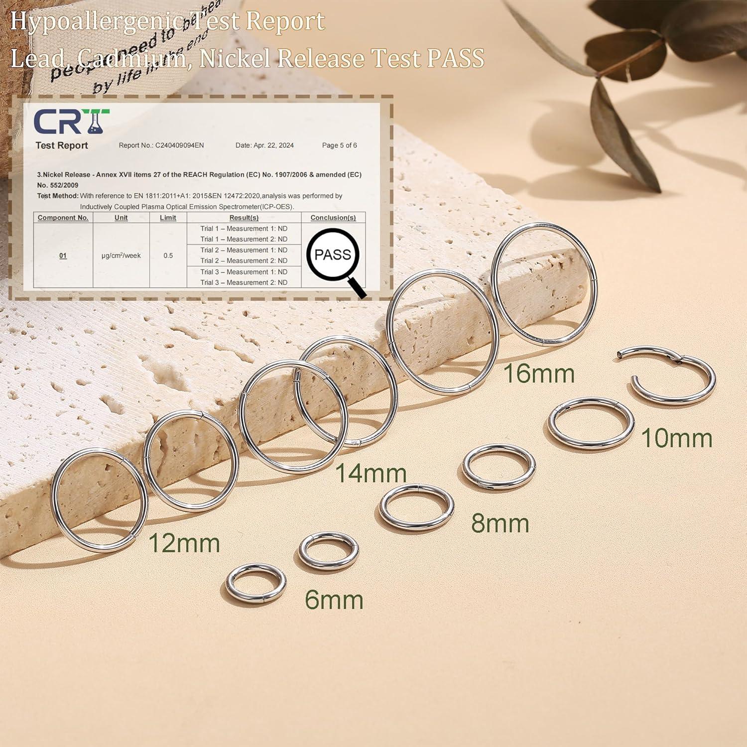 CASSIECA 12Pcs 16G Edelstahl Piercing Nasen Lippe Ohr Septum Hoop Ringe 6-16MM