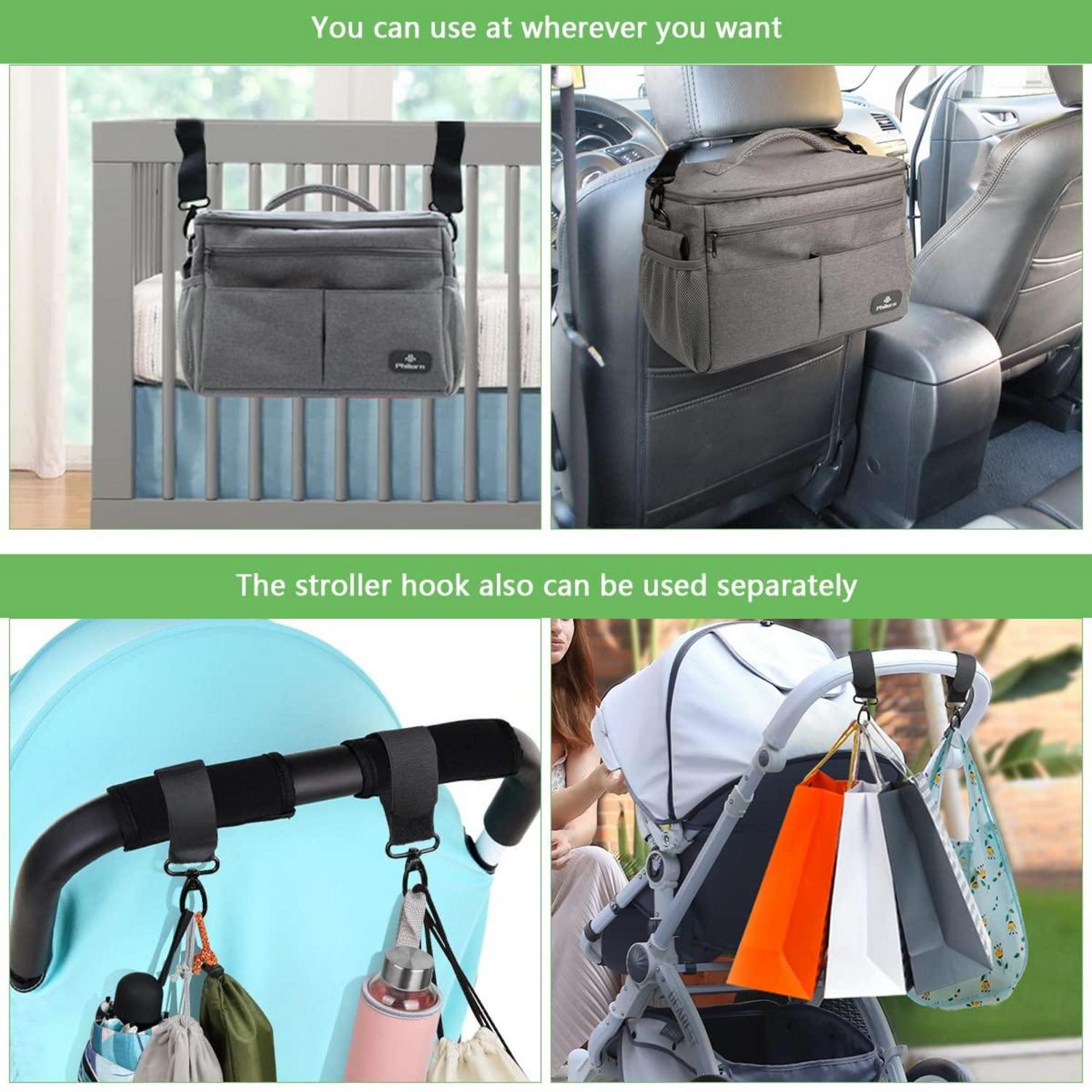 PHILORN Kinderwagen Organizer Isolierte Getränkehalter Große Kapazität Grau