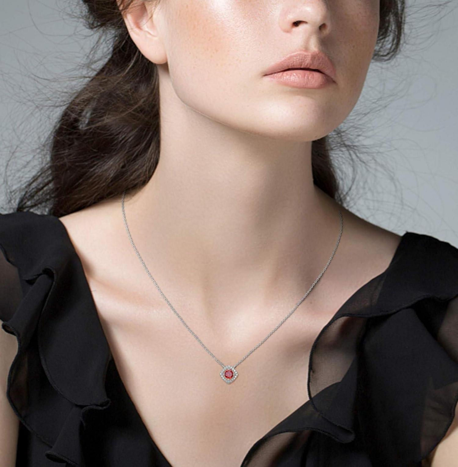 925 Sterling Silber Damen Halskette mit Zirkonia Anhänger 45cm Rot