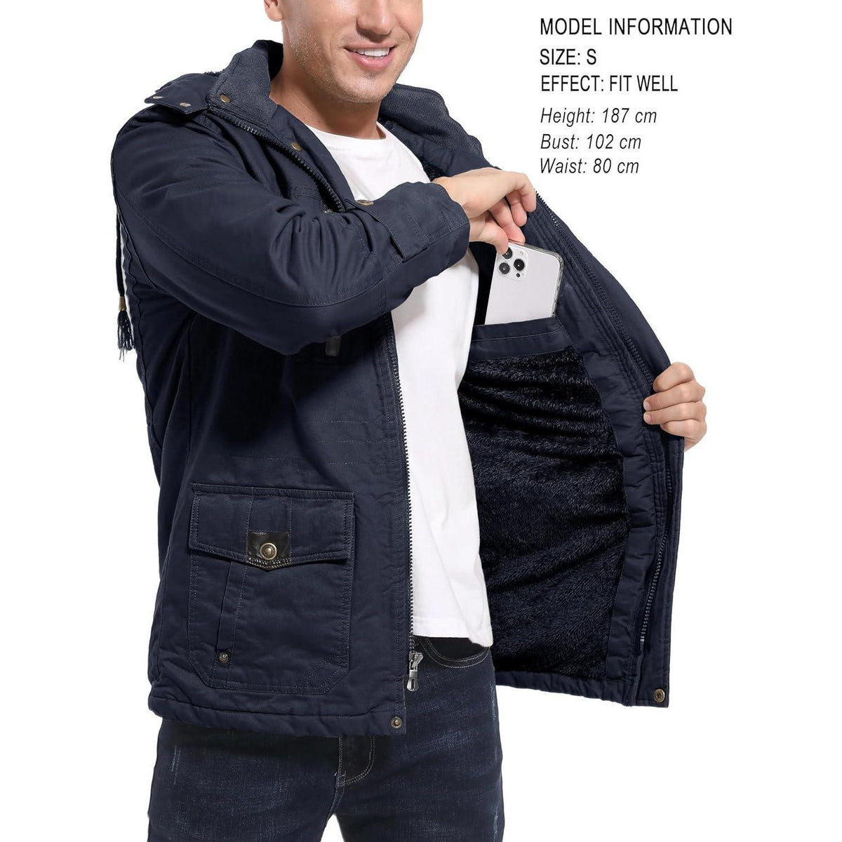 Herren Winterjacke gefüttert Fleece Parka Dunkelblau