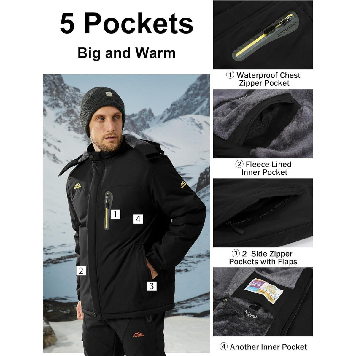 Herren Fleecejacke Winter Warm Gefüttert Skijacke XL Schwarz