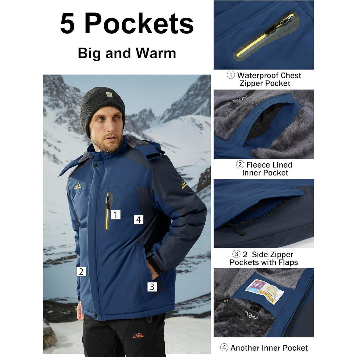 Herren Fleecejacke Winter Warm Gefüttert Skijacke Blau XXL