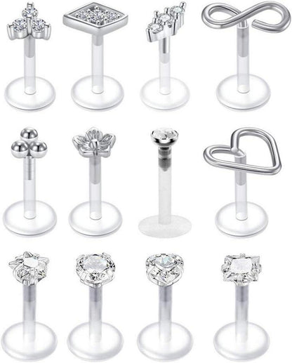 Klare Lippenpiercing 16G Flexibles Acryl mit CZ Opal - 8