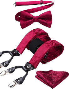 Hosenträger Fliege Set 3er Stark Clips Y-Form Elastisch Rot Paisley