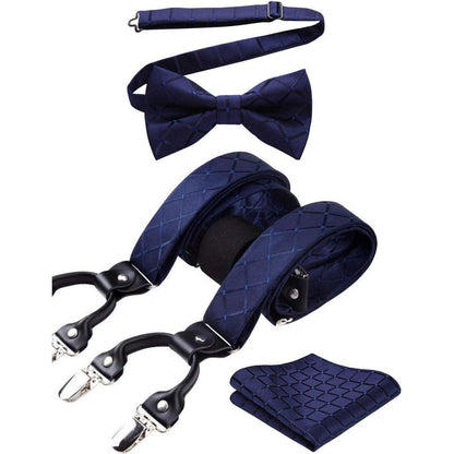 Herren Hosenträger Set Marineblau Kariert mit Fliege und Einstecktuch