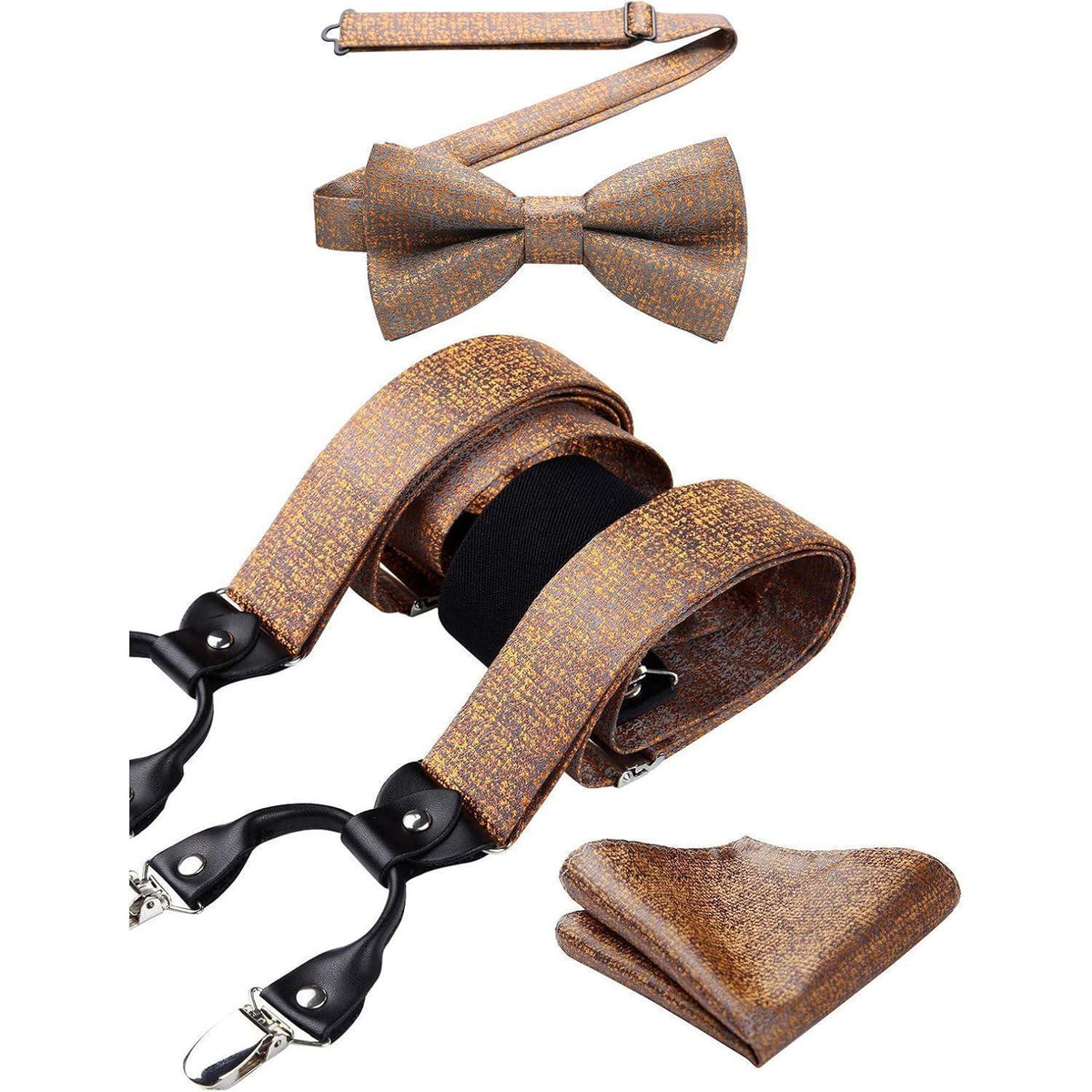 Herren Hosenträger Set mit Fliege und Einstecktuch, Braun