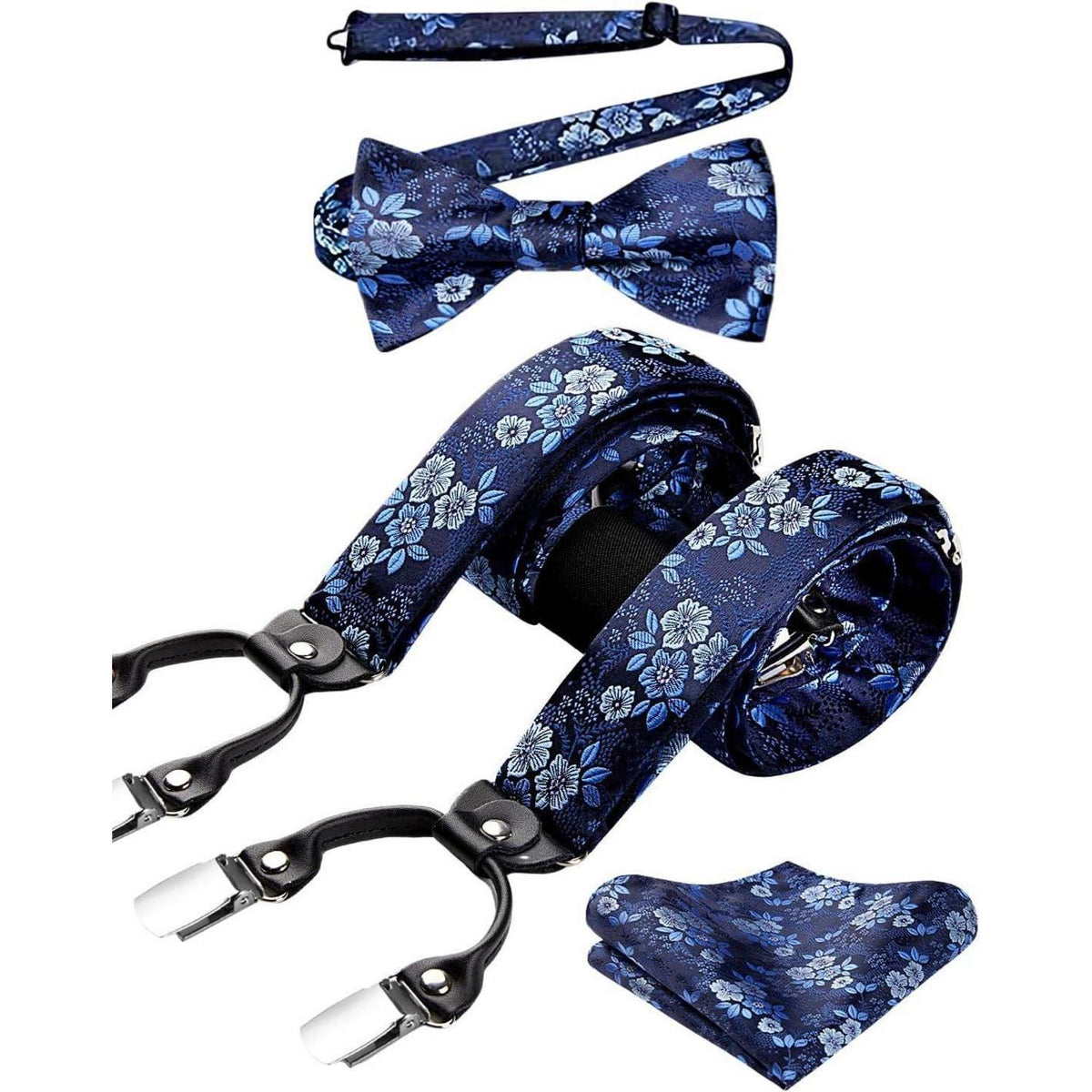 Herren Hosenträger Set mit Fliege und Einstecktuch, Blau Blumenmuster