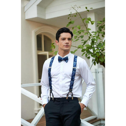 Herren Hosenträger Set mit Fliege und Einstecktuch, Blau Blumenmuster