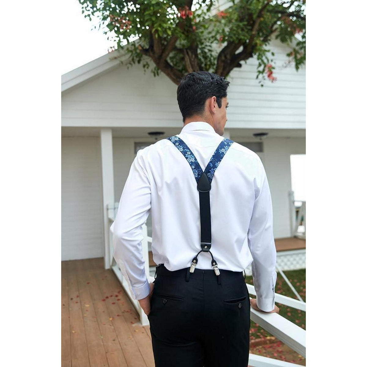 Herren Hosenträger Set mit Fliege und Einstecktuch, Blau Blumenmuster