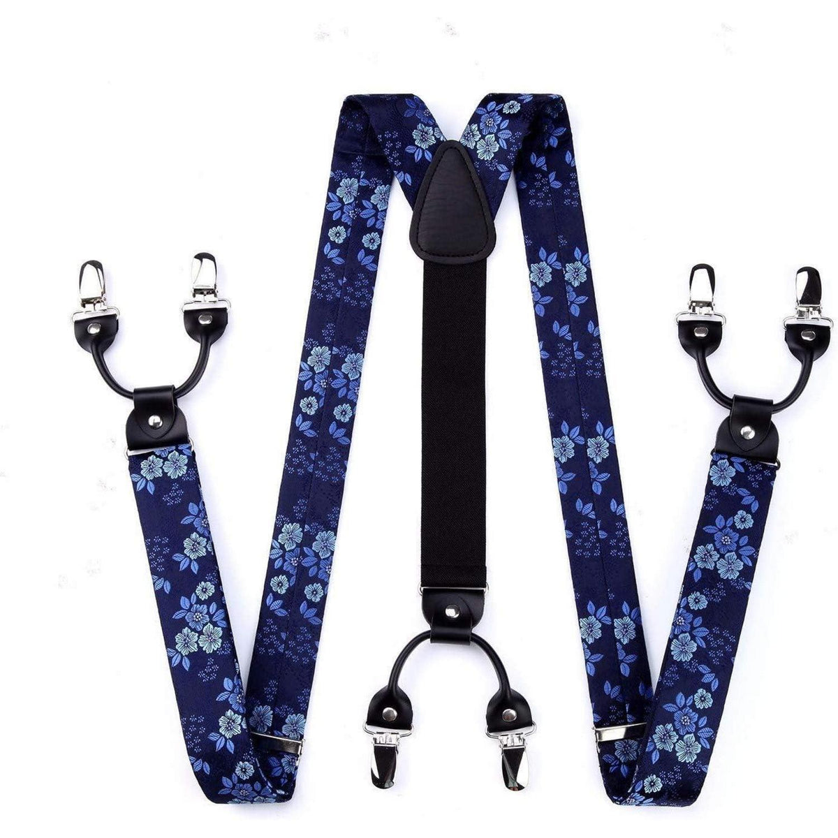 Herren Hosenträger Set mit Fliege und Einstecktuch, Blau Blumenmuster