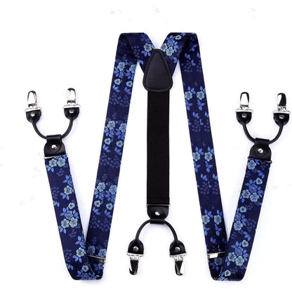 Herren Hosenträger Set mit Fliege und Einstecktuch, Blau Blumenmuster