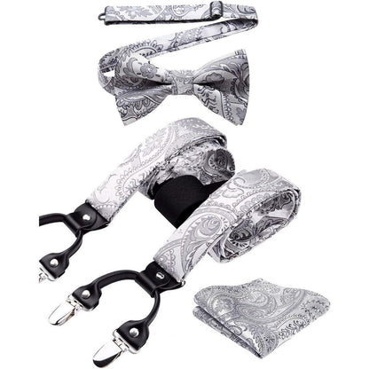 Herren Hosenträger Set mit Fliege & Einstecktuch, Grau Paisley