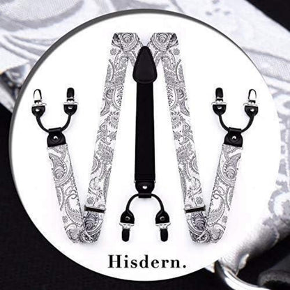 Herren Hosenträger Set mit Fliege & Einstecktuch, Grau Paisley