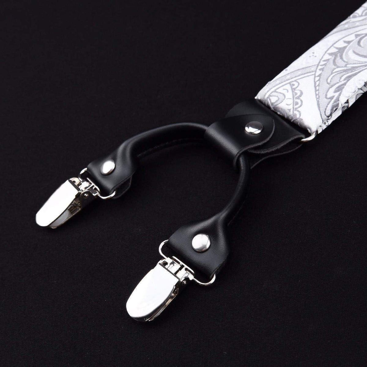 Herren Hosenträger Set mit Fliege & Einstecktuch, Grau Paisley