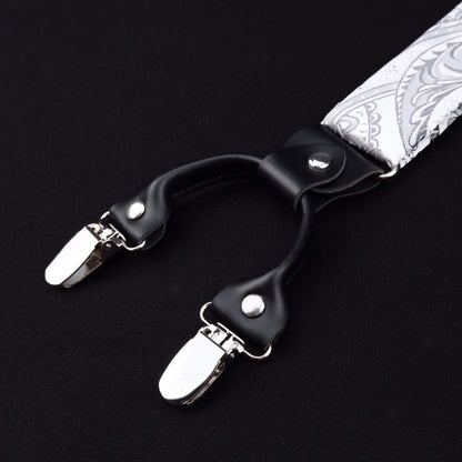 Herren Hosenträger Set mit Fliege & Einstecktuch, Grau Paisley