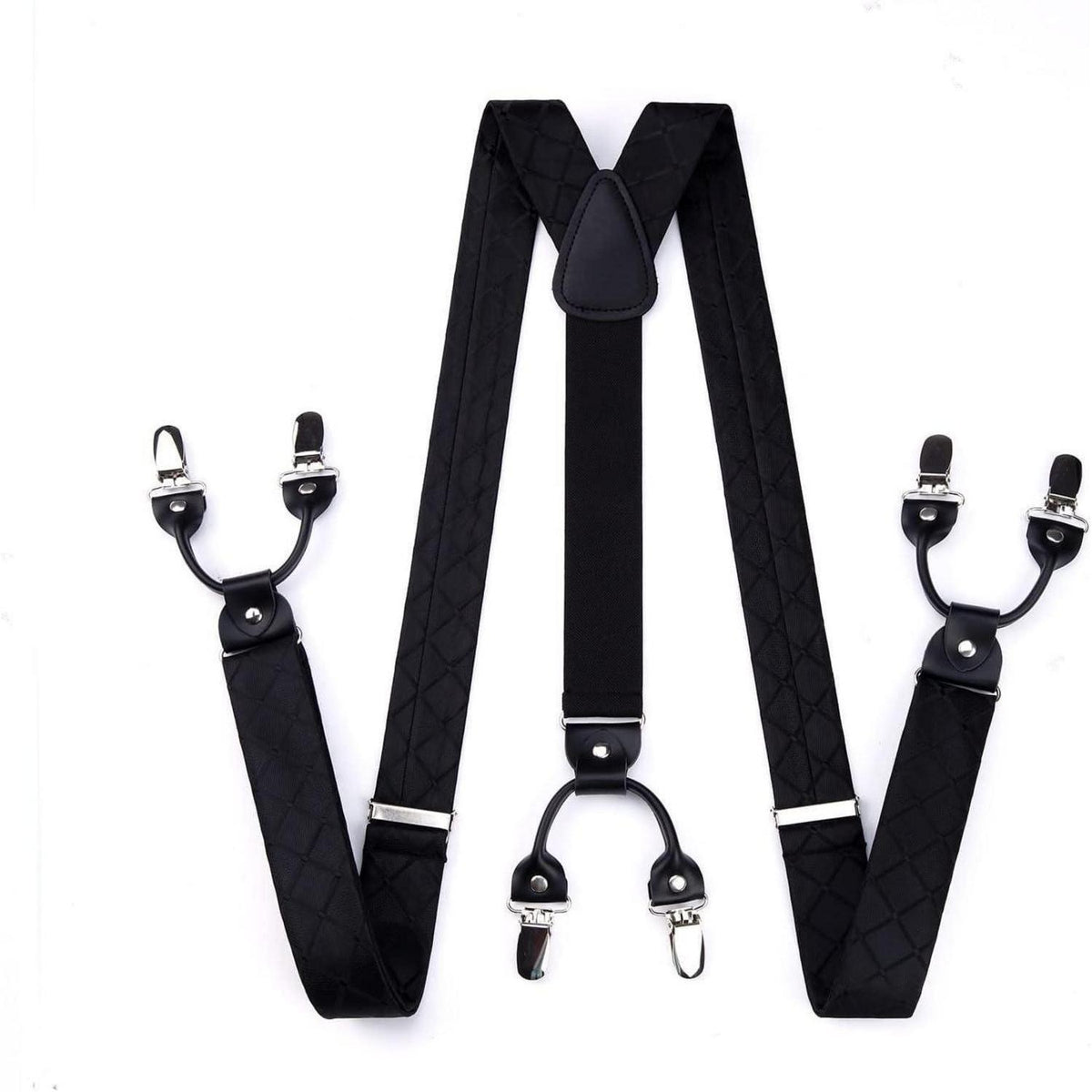 Herren Hosenträger Set mit Fliege und Einstecktuch, 3,5cm, 6 Clips, Schwarz Kariert