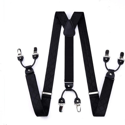 Herren Hosenträger Set mit Fliege und Einstecktuch, 3,5cm, 6 Clips, Schwarz Kariert