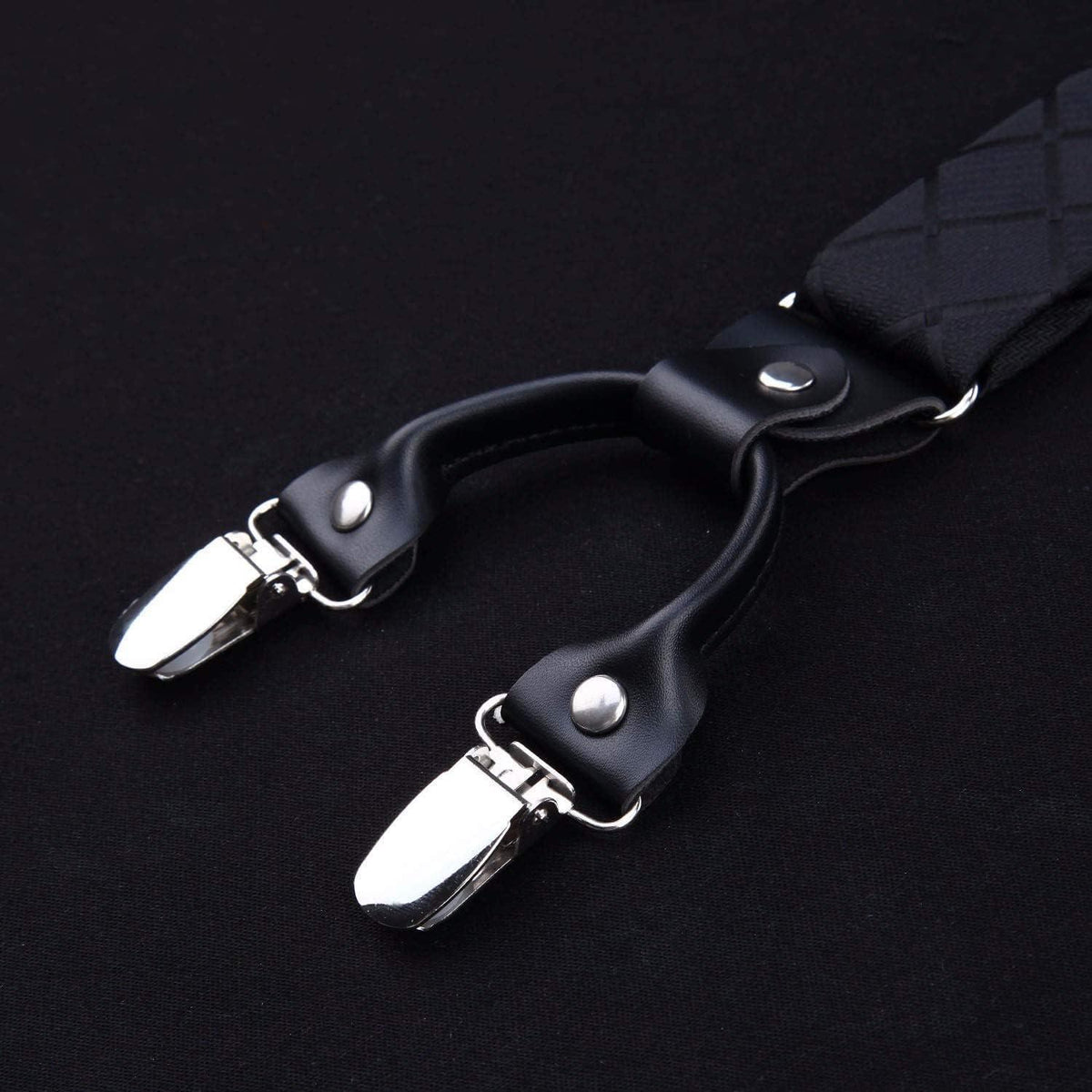Herren Hosenträger Set mit Fliege und Einstecktuch, 3,5cm, 6 Clips, Schwarz Kariert