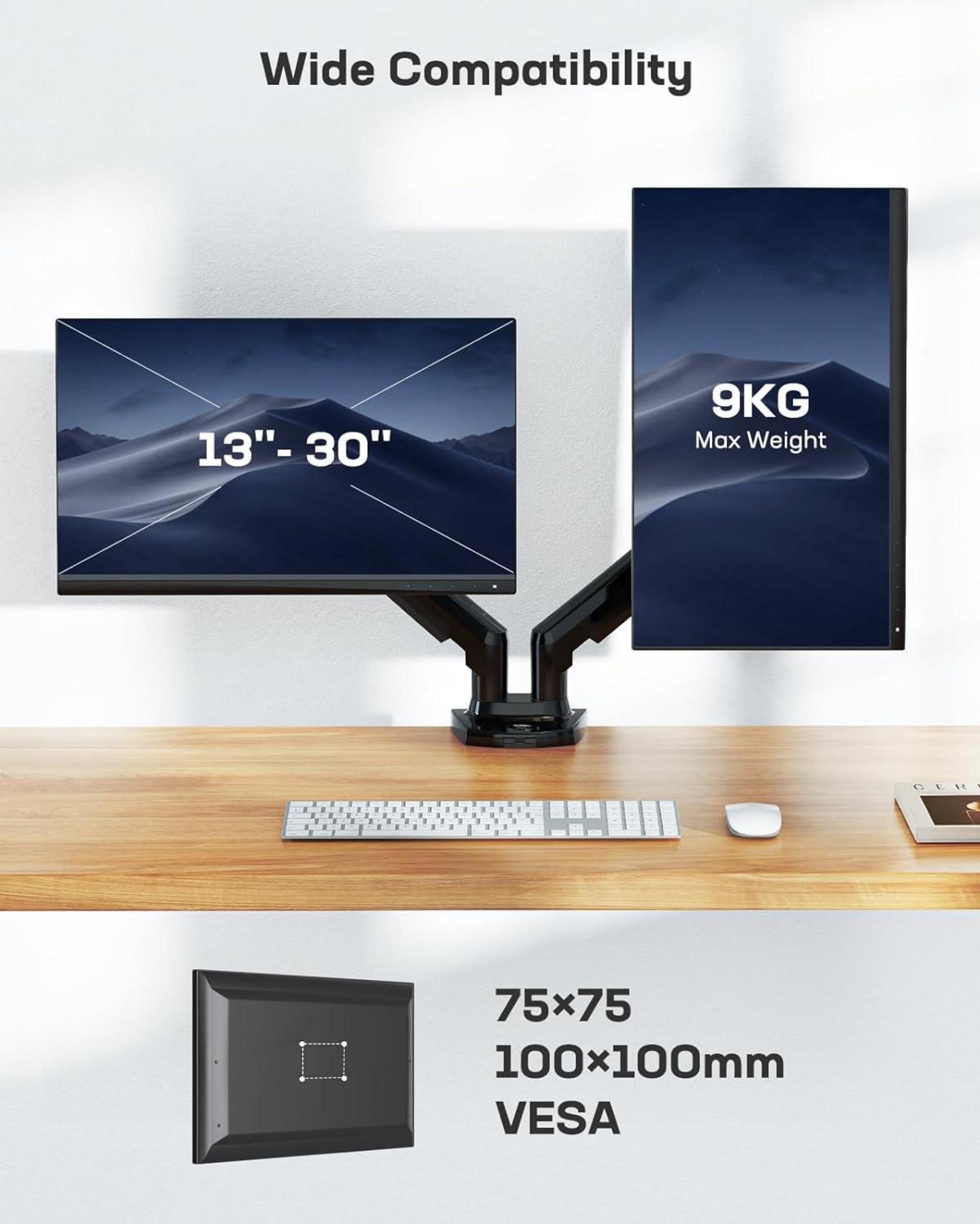 Monitor Halterung 2 Monitore Gasfeder 13-30 Zoll VESA 75/100 Black