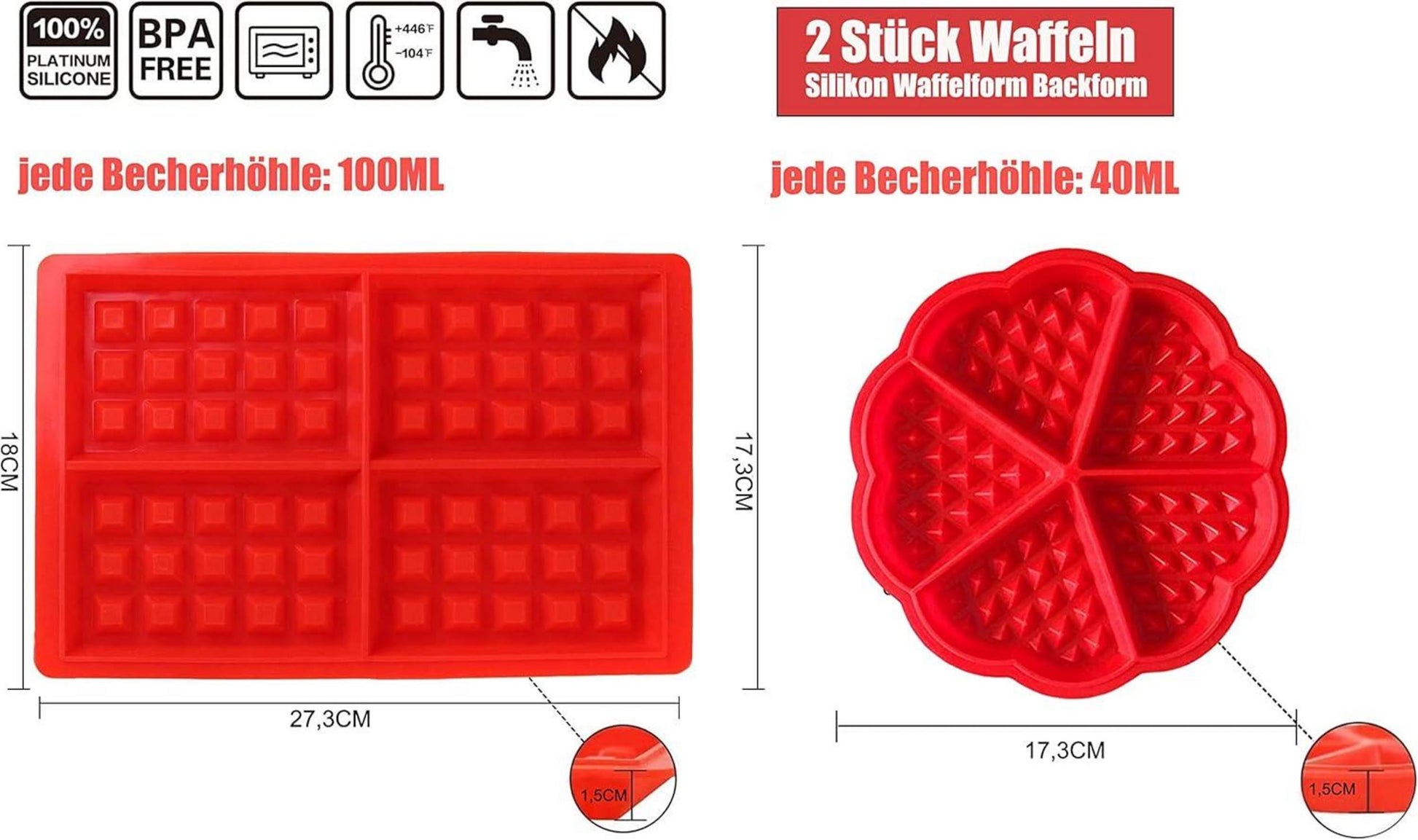 Silikon Waffelform Backform 4 Stück für Waffeln Schokoladen