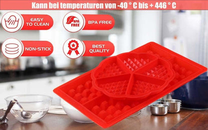 Silikon Waffelform Backform 4 Stück Herz rechteckig Rot mit Teigschaber Pinsel