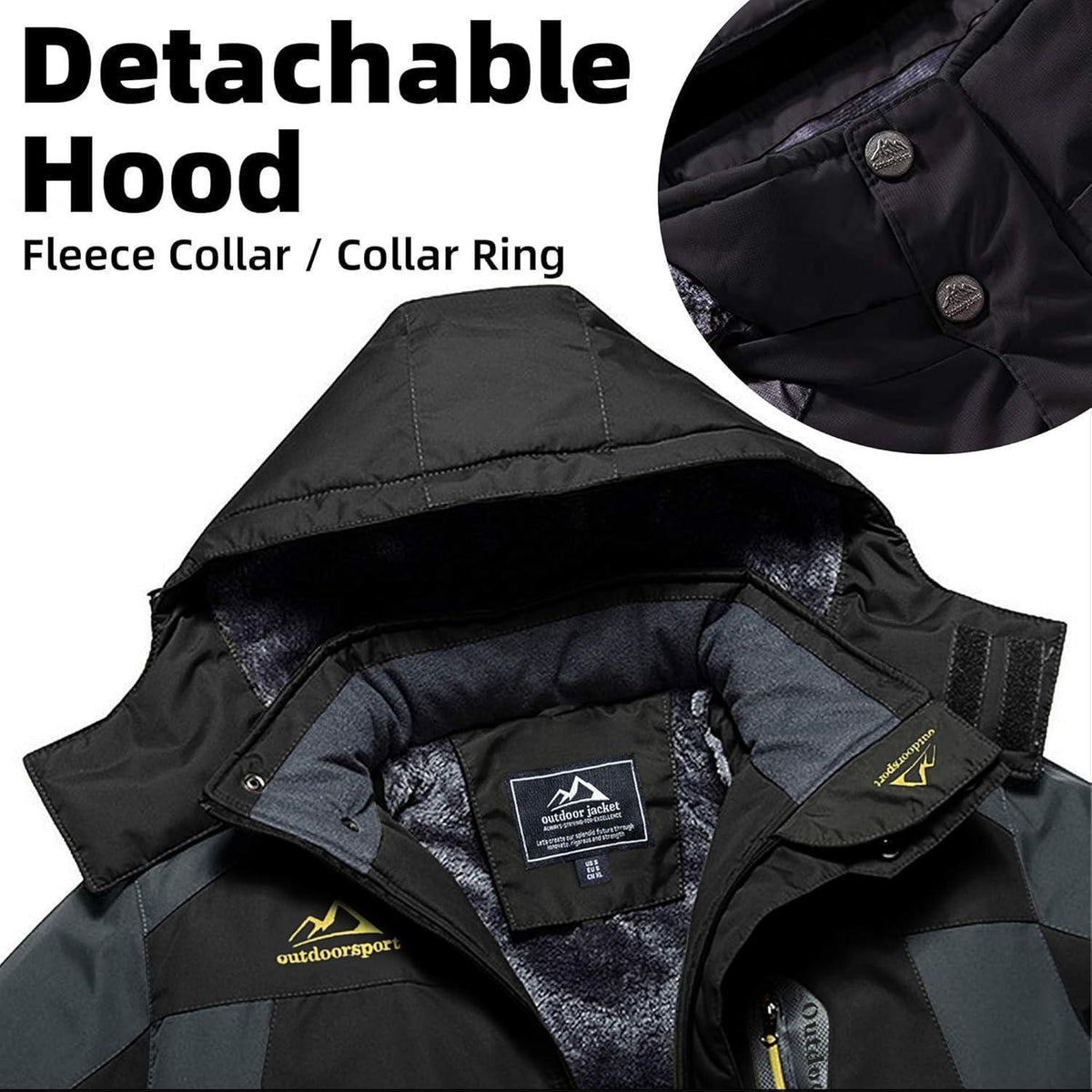 Herren Fleecejacke Winter Warm Gefüttert Skijacke Outdoor Schwarz-Grau XXL