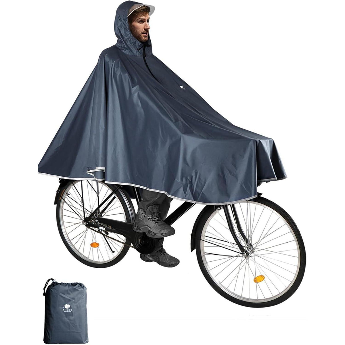 Wasserdichter Fahrrad-Regenponcho mit Kapuze, Grau