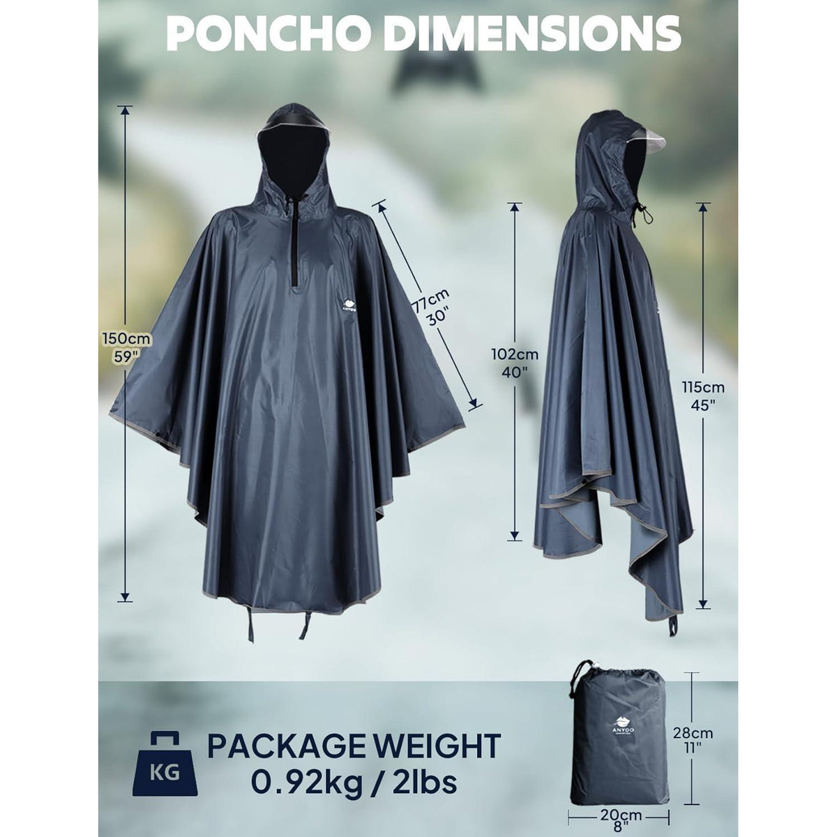 Wasserdichter Fahrrad-Regenponcho mit Kapuze, Grau