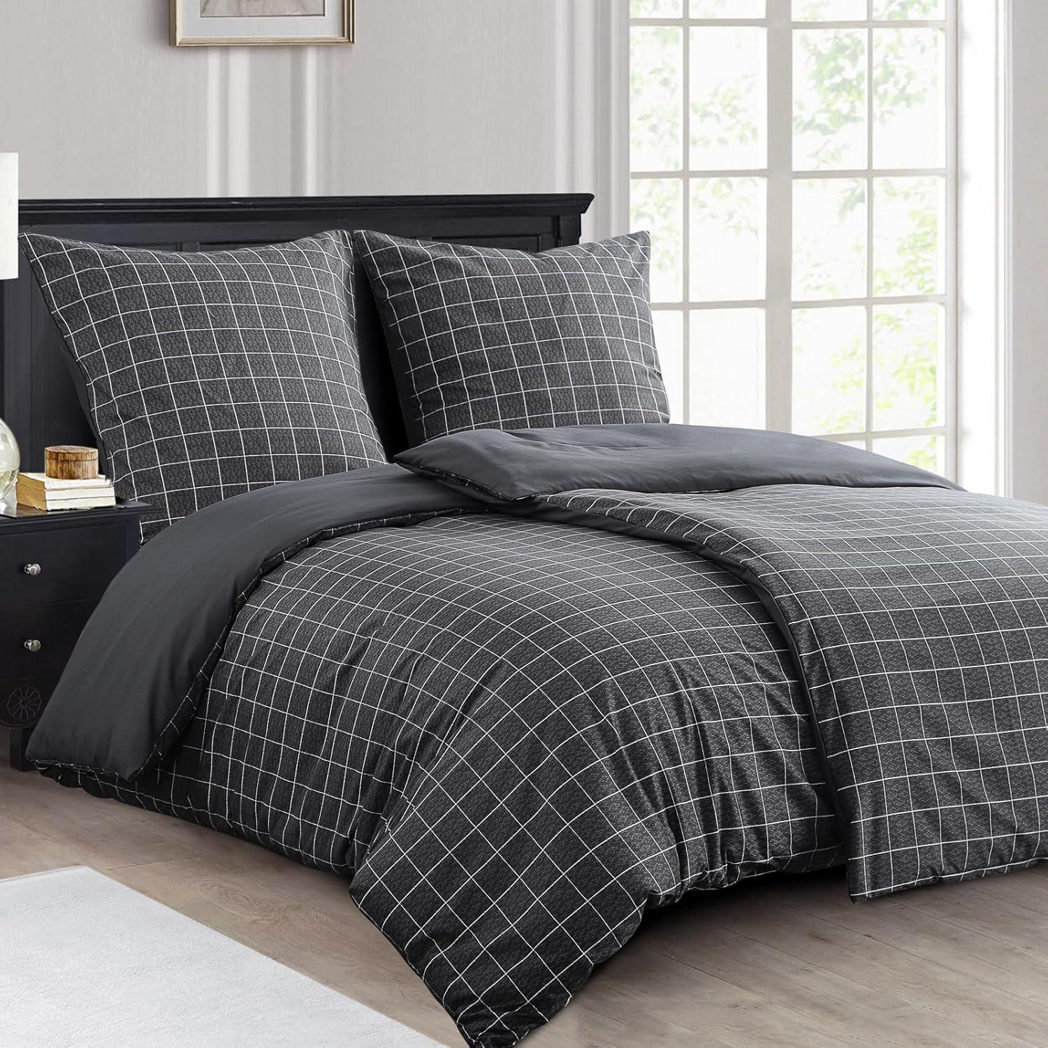 Bettwäsche Set 135x200 Anthrazit Mikrofaser Gittermuster