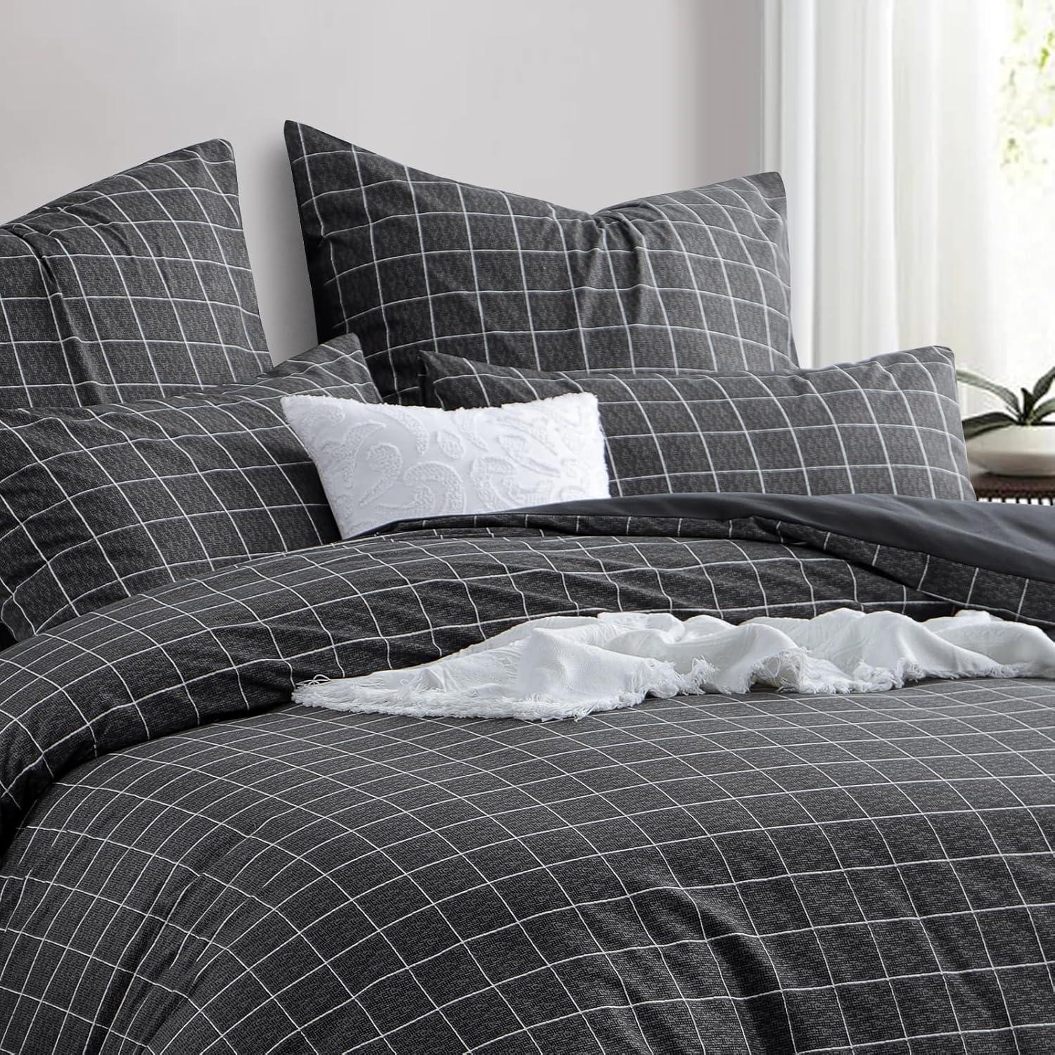 Bettwäsche Set 135x200 cm 4-teilig Mikrofaser Anthrazit Gitter