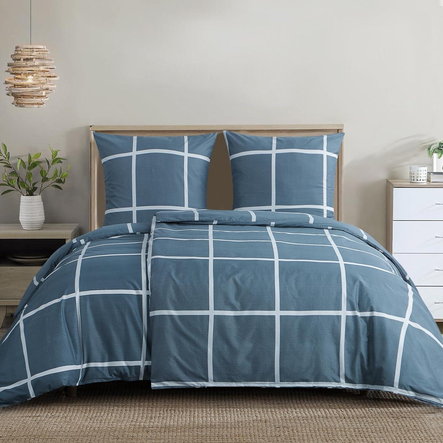 Bettwäsche Set 135x200cm 4-teilig Blau Karo Mikrofaser Reißverschluss