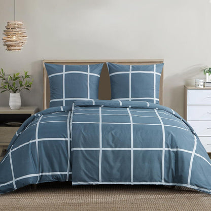 Bettwäsche Set 135x200cm 4-teilig Blau Karo Mikrofaser Reißverschluss