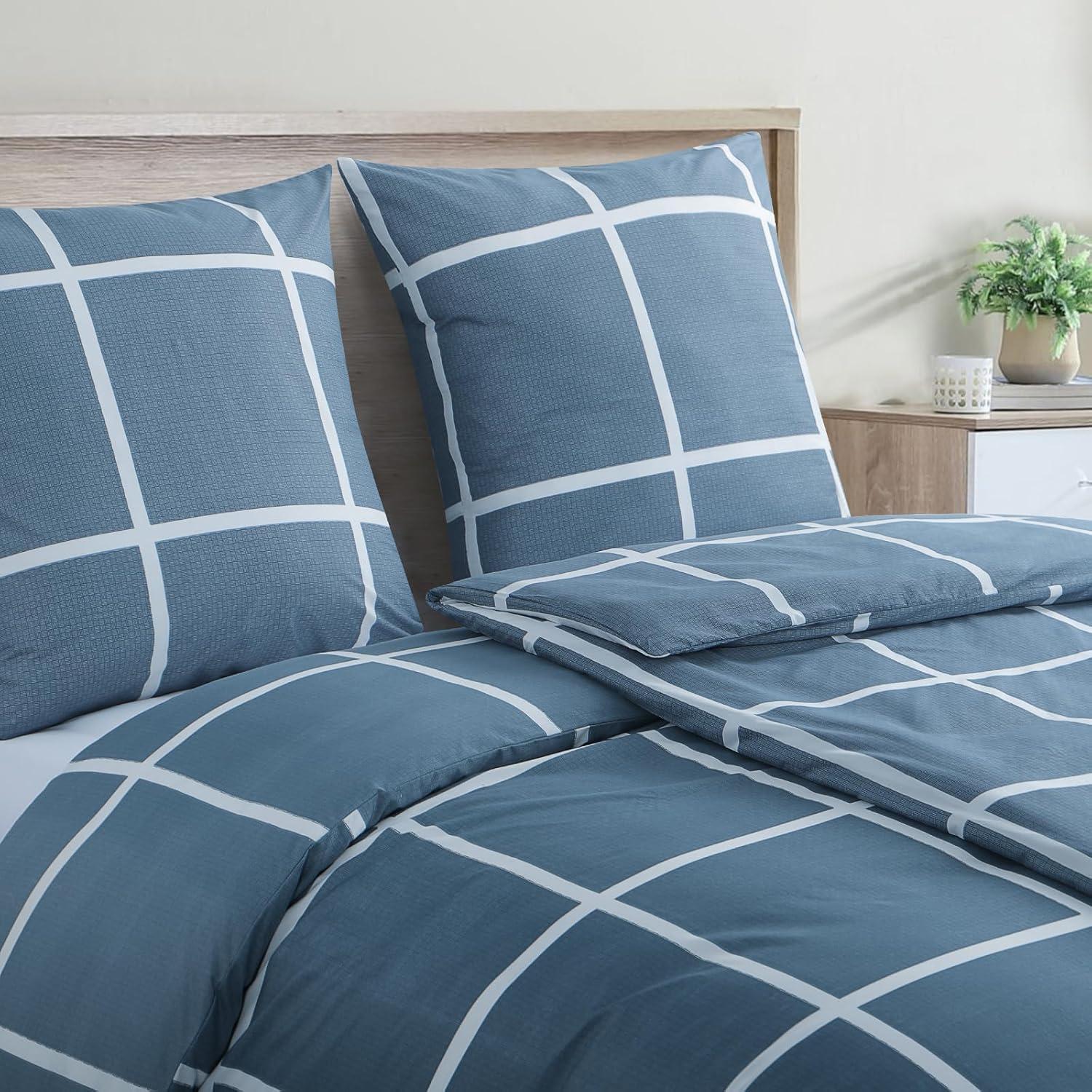 Bettwäsche Set 135x200cm 4-teilig Blau Karo Mikrofaser Reißverschluss