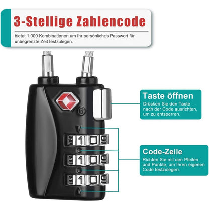 TSA Kabelschloss 3-Stellig Schwarz für Reise und Gepäck