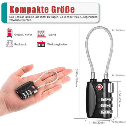 TSA Kabelschloss 3-Stellig Schwarz für Reise und Gepäck