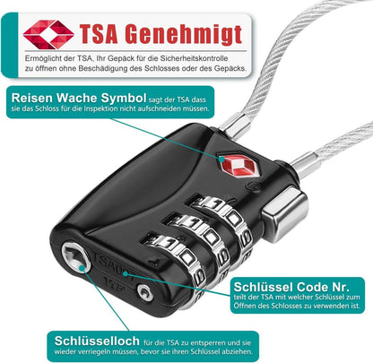TSA Kabelschloss 3-Stellig Schwarz für Reise und Gepäck
