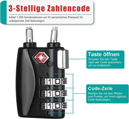 TSA Kabelschloss 3-Stellig Zahlenschloss Schwarz