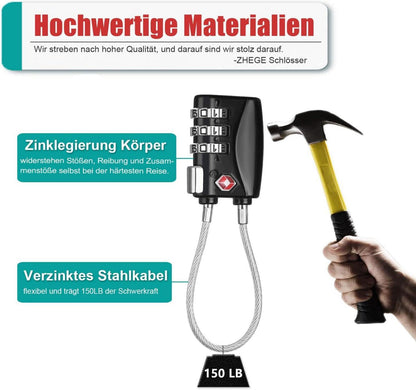 TSA Kabelschloss Schwarz 3-Stellig für Reise und Gepäck