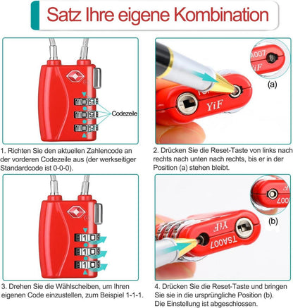TSA Kofferschloss Zahlenschloss flexibles Kabeldesign Schwarz