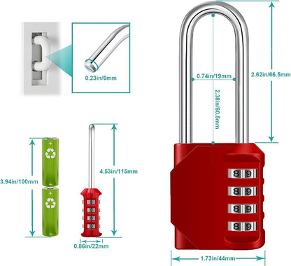 ZHEGE Vorhängeschloss mit langem Bügel, Zahlenschloss 4 Ziffern, Vorhängeschlösser, Tor, Tür, Schuppen, Container Rot