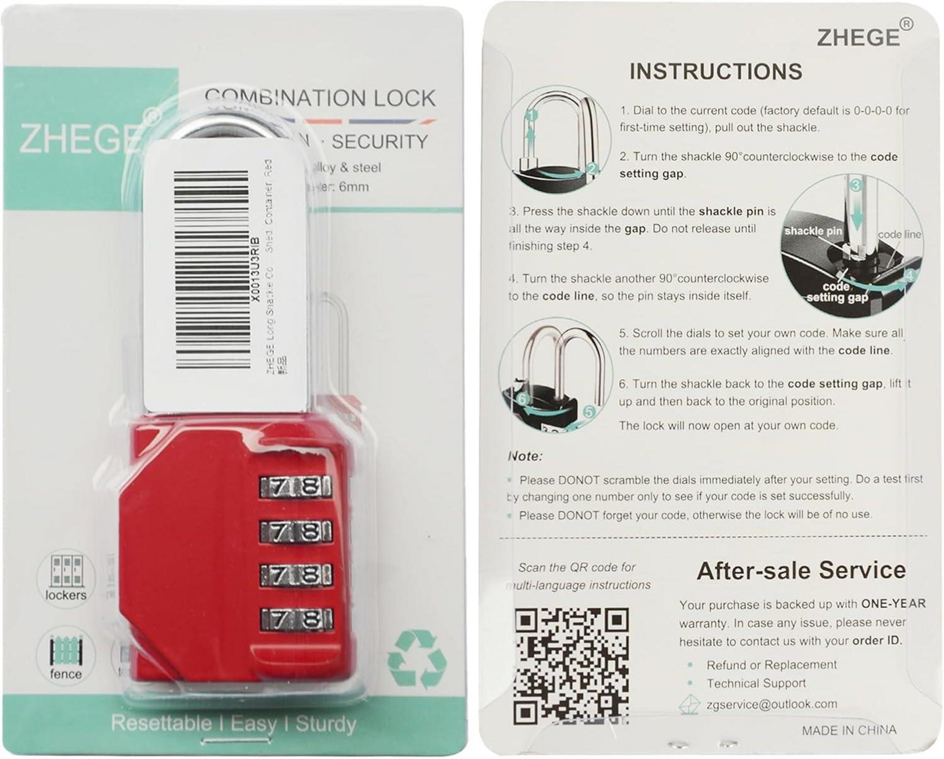 ZHEGE Vorhängeschloss mit langem Bügel, Zahlenschloss 4 Ziffern, Vorhängeschlösser, Tor, Tür, Schuppen, Container Rot